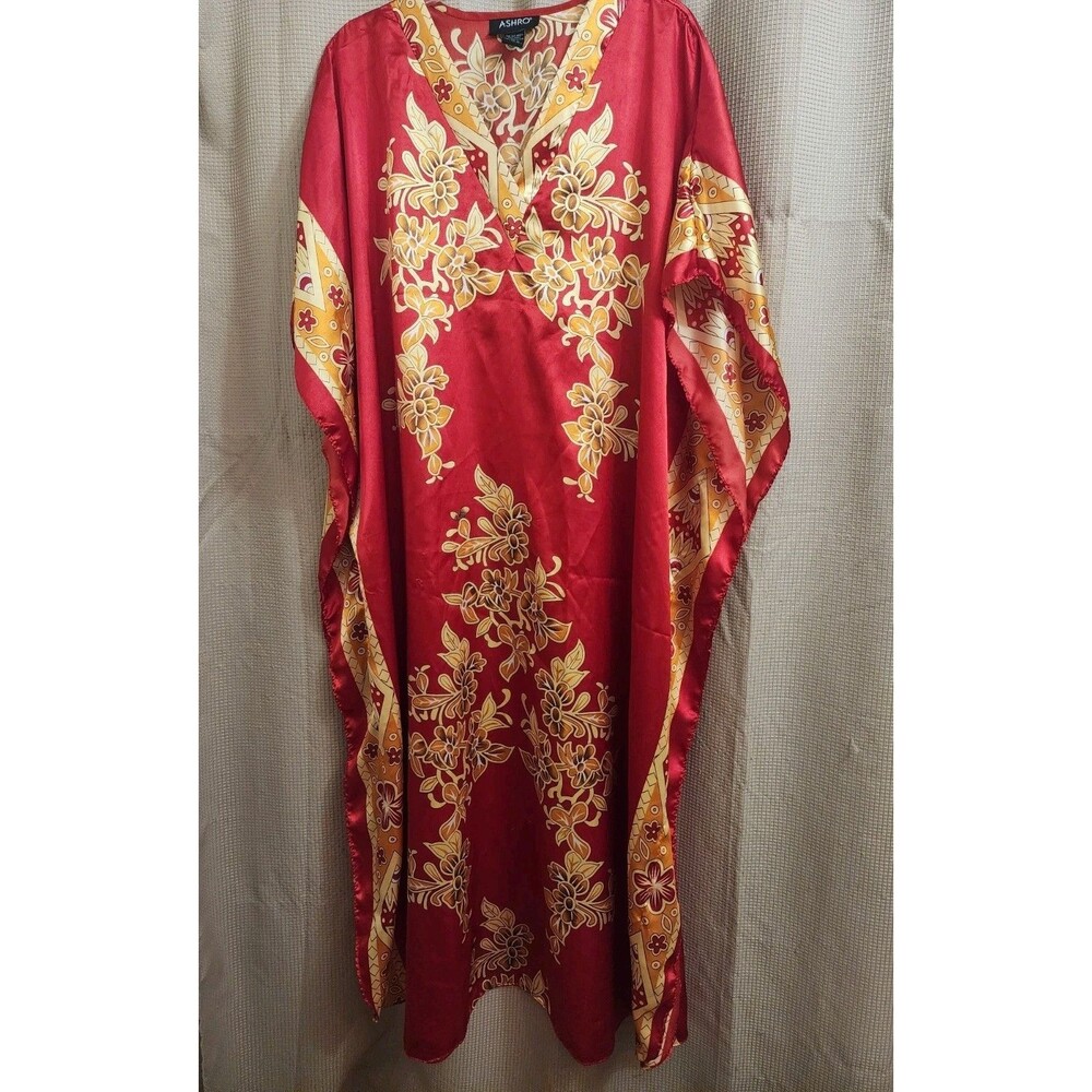 Ashro Kaftan Red Gold Floral Colorful Caftan Long Dress One Size OS